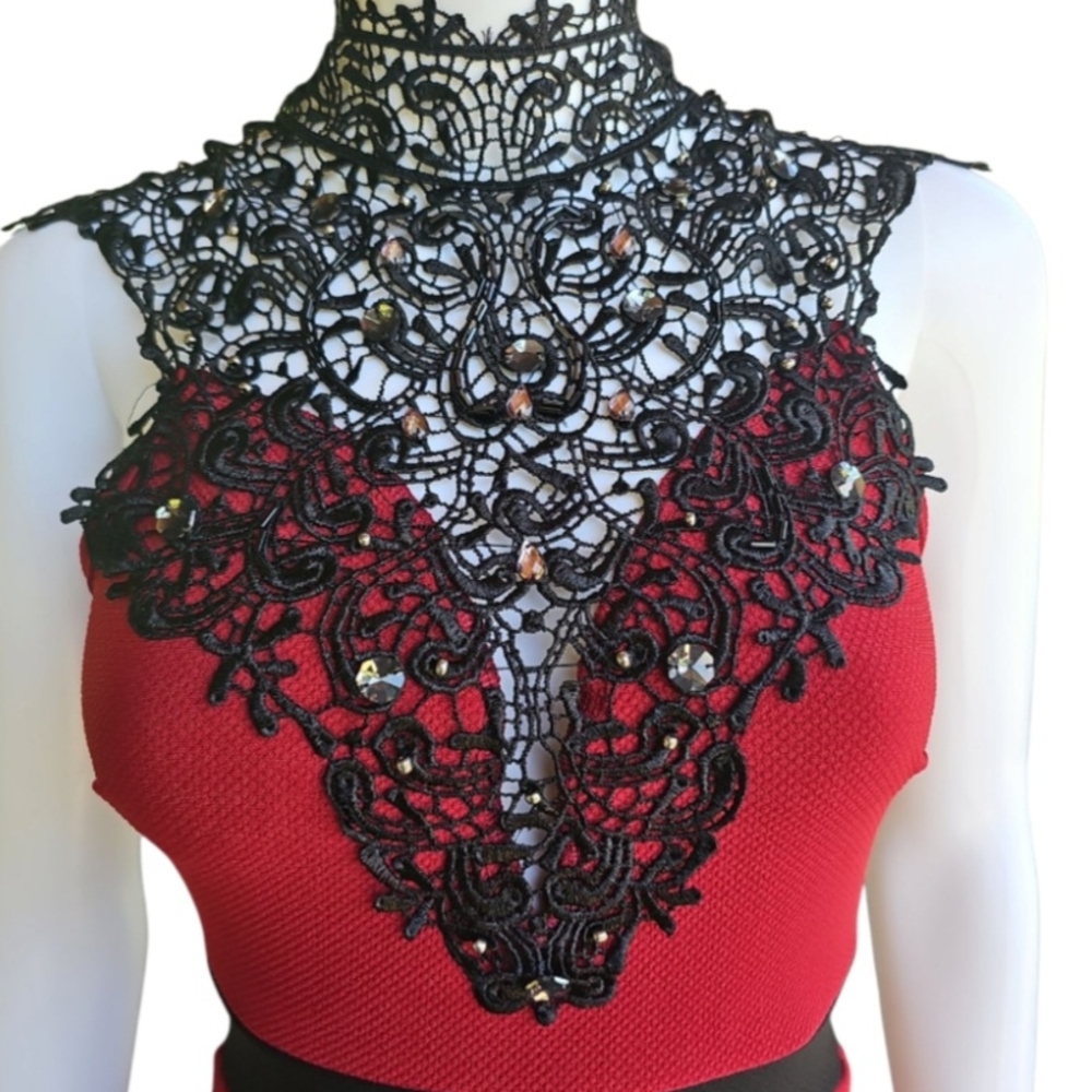 Windsor Red and Black Mock Neck Fit and Flare Mini Dress - Picture 2 of 7